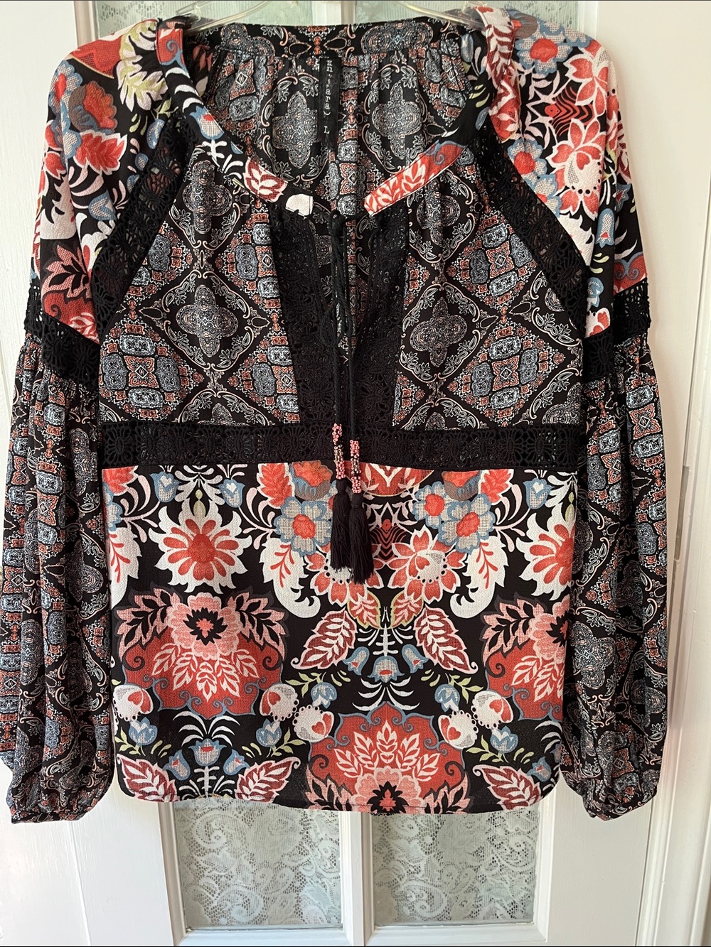 Boho Floral Peasant Blouse in Black and Coral